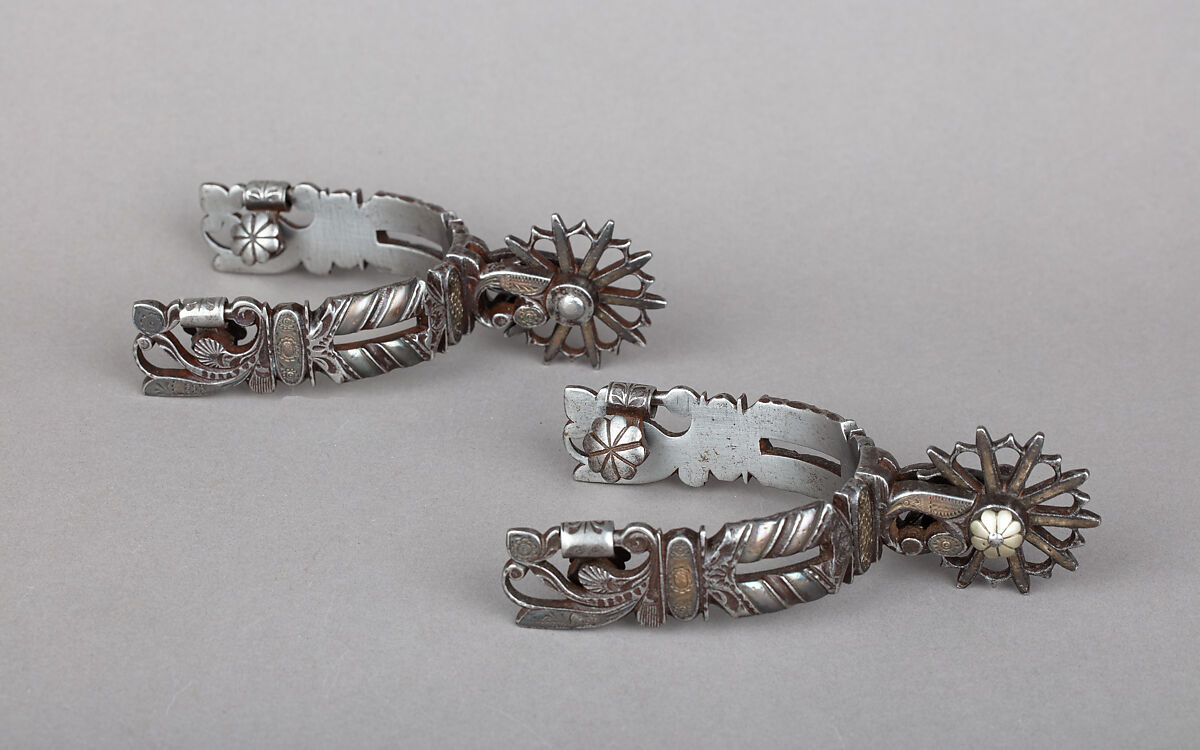 Pair of Rowel Spurs, Iron alloy, silver, copper alloy, Mexican 