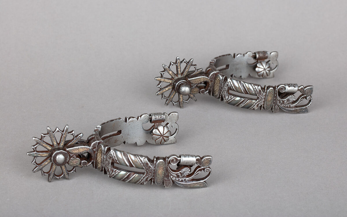 Pair of Rowel Spurs, Iron alloy, silver, copper alloy, Mexican