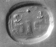 Stamp seal (scaraboid) with cultic banquet scene, Mottled orange Jasper (Quartz), Syro-Anatolian-Levantine 