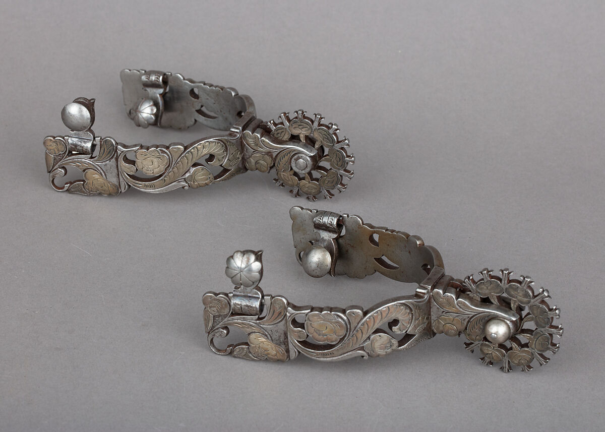 Pair of Rowel Spurs, Iron alloy, silver, Mexican 