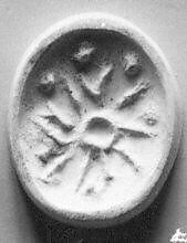 Stamp seal (bifacial scaraboid) with animal and divine symbol, Limestone, olive brown, Assyrian 