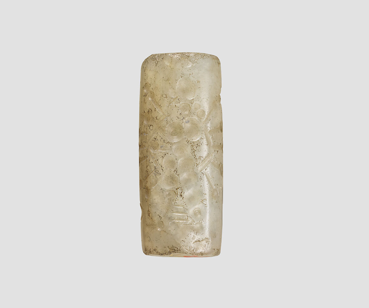 Cylinder seal with cultic scene, Flawed neutral Chalcedony (Quartz), Assyrian