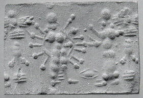 Cylinder seal with cultic scene, Flawed neutral Chalcedony (Quartz), Assyrian 