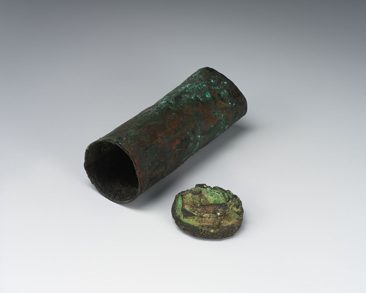 Amulet case, Copper, bitumen, green patina, Sasanian 