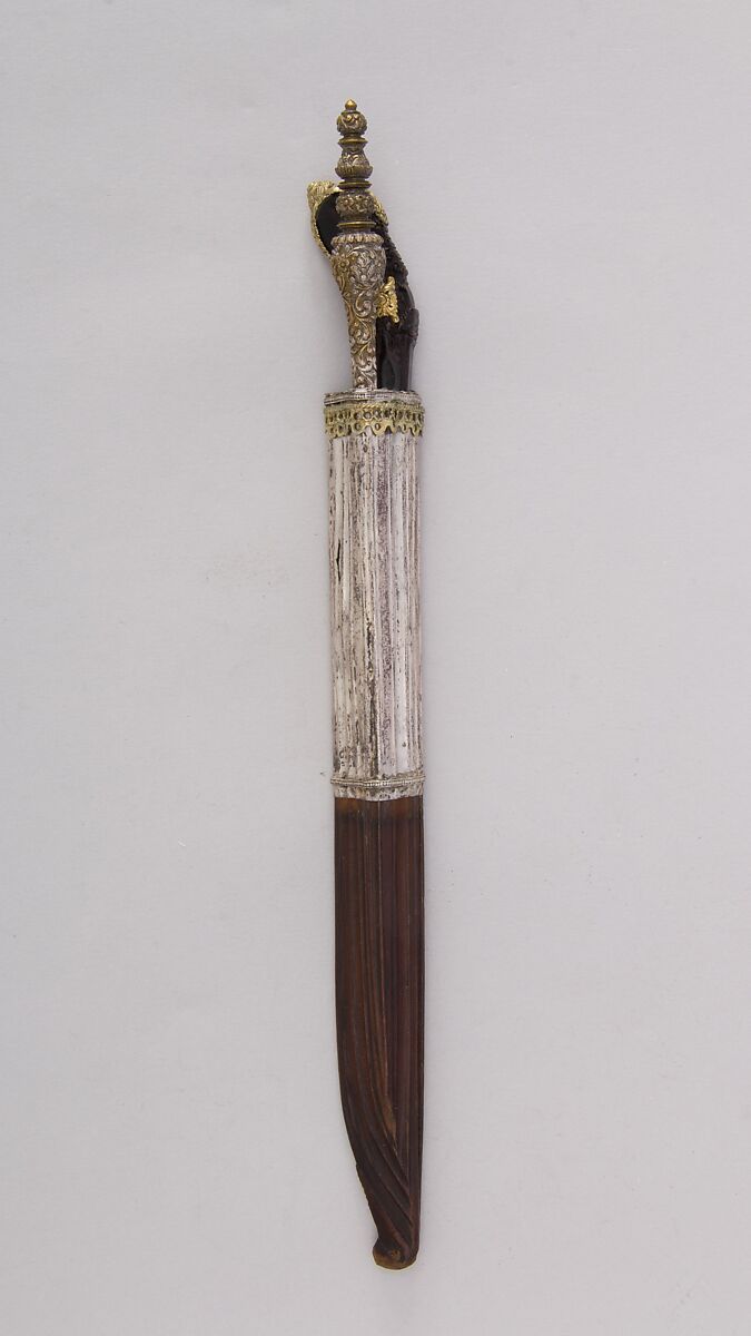Dagger (<i>Piha Kaetta</i>) with Stylus and Sheath, Steel, horn, wood, brass, Sri Lankan