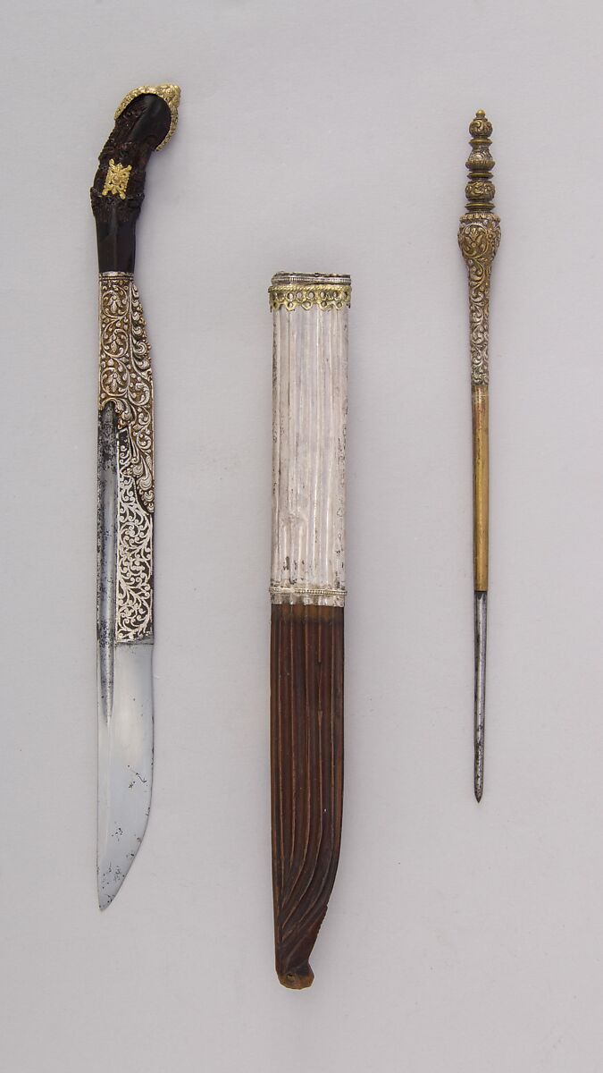 Dagger (<i>Piha Kaetta</i>) with Stylus and Sheath, Steel, horn, wood, brass, Sri Lankan 