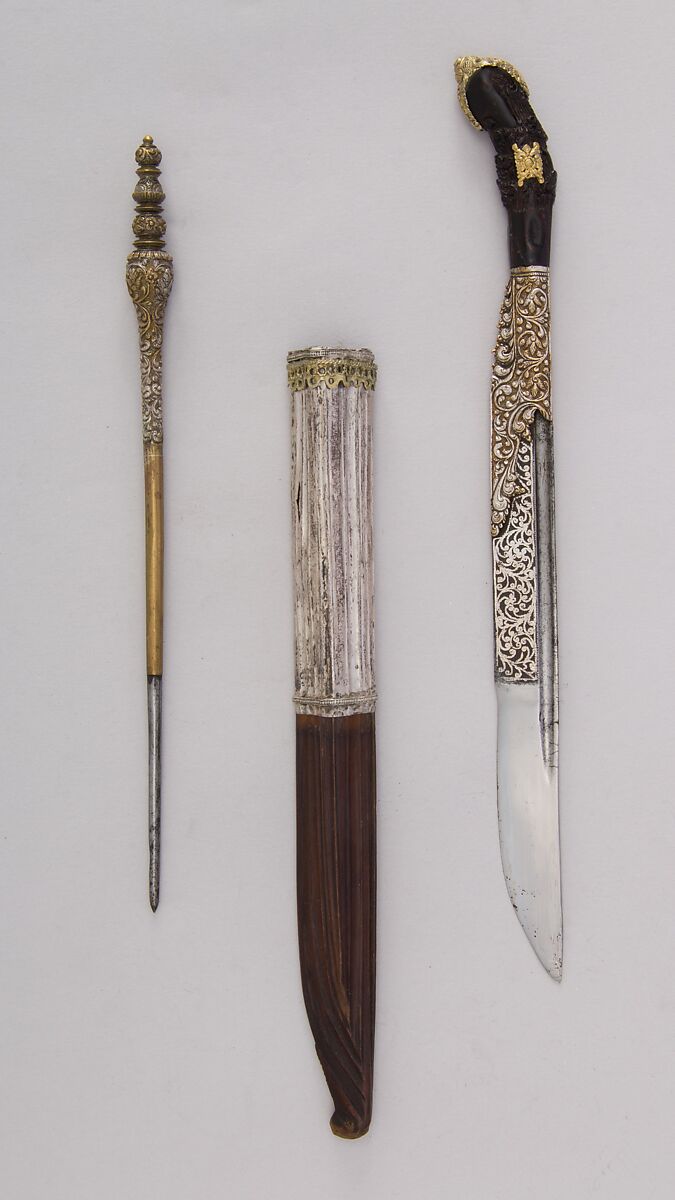 Dagger (<i>Piha Kaetta</i>) with Stylus and Sheath, Steel, horn, wood, brass, Sri Lankan