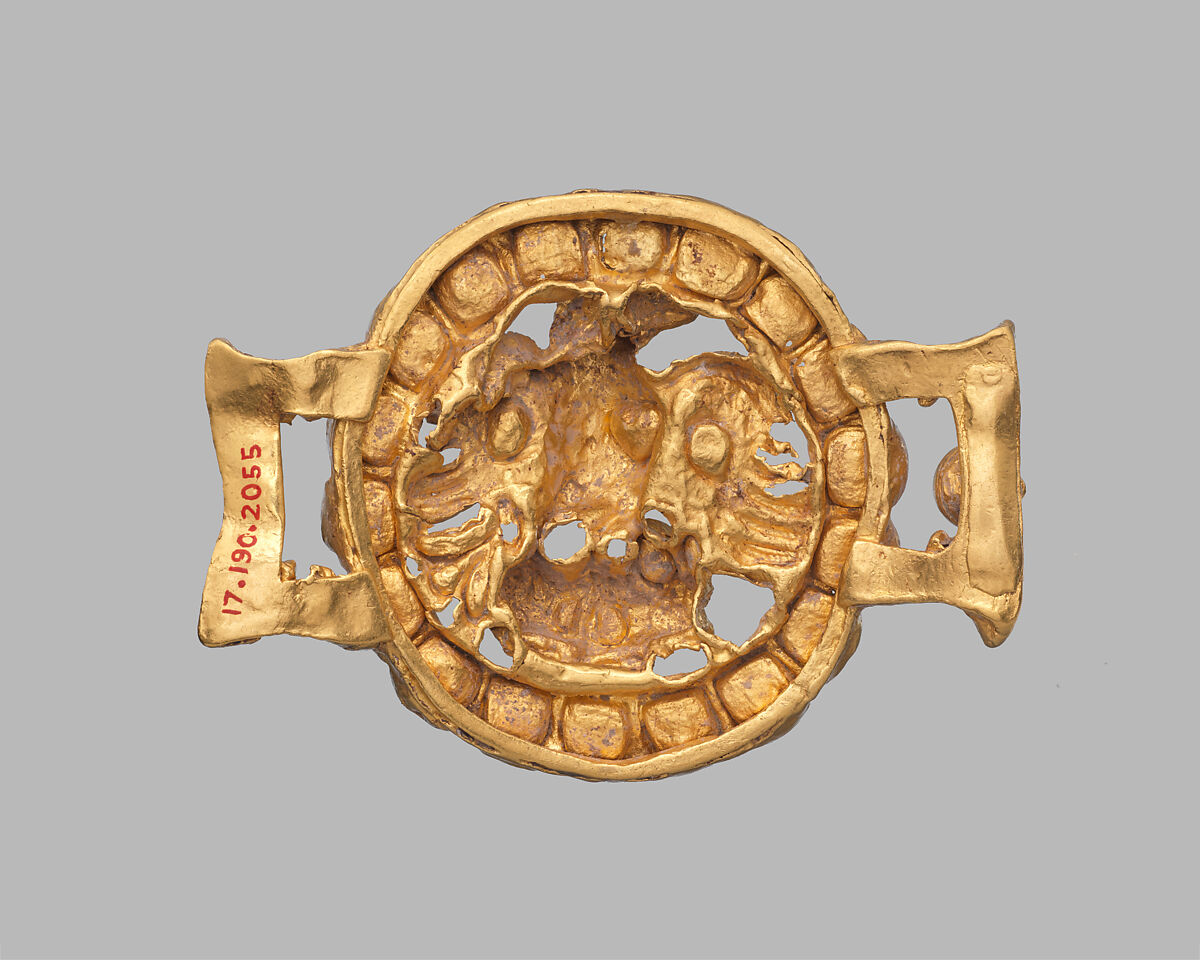 Belt adornment with an eagle and its prey, Gold, turquoise inlay, Parthian or Kushan