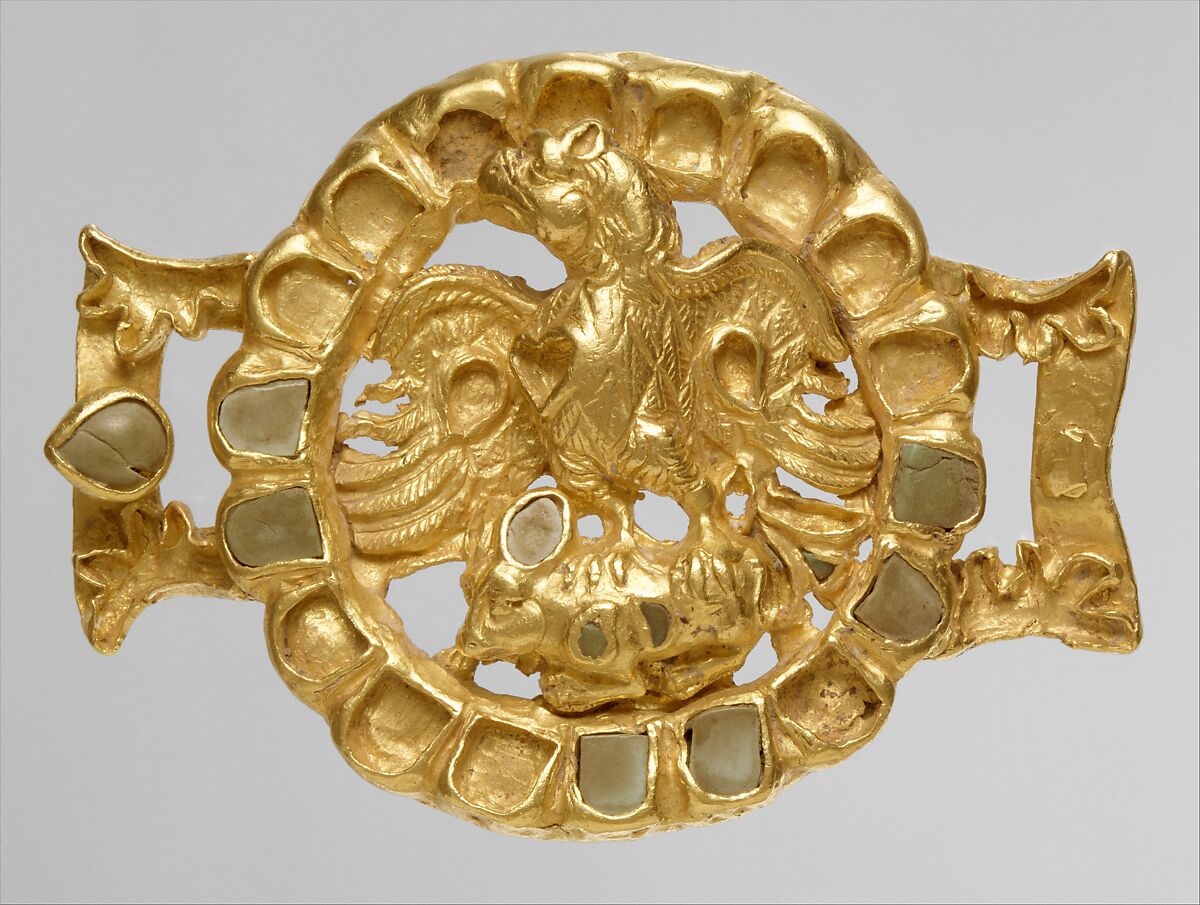 Belt adornment with an eagle and its prey, Gold, turquoise inlay, Parthian or Kushan 