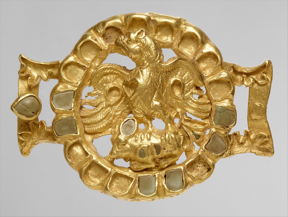 Belt adornment with an eagle and its prey, Gold, turquoise inlay, Parthian or Kushan