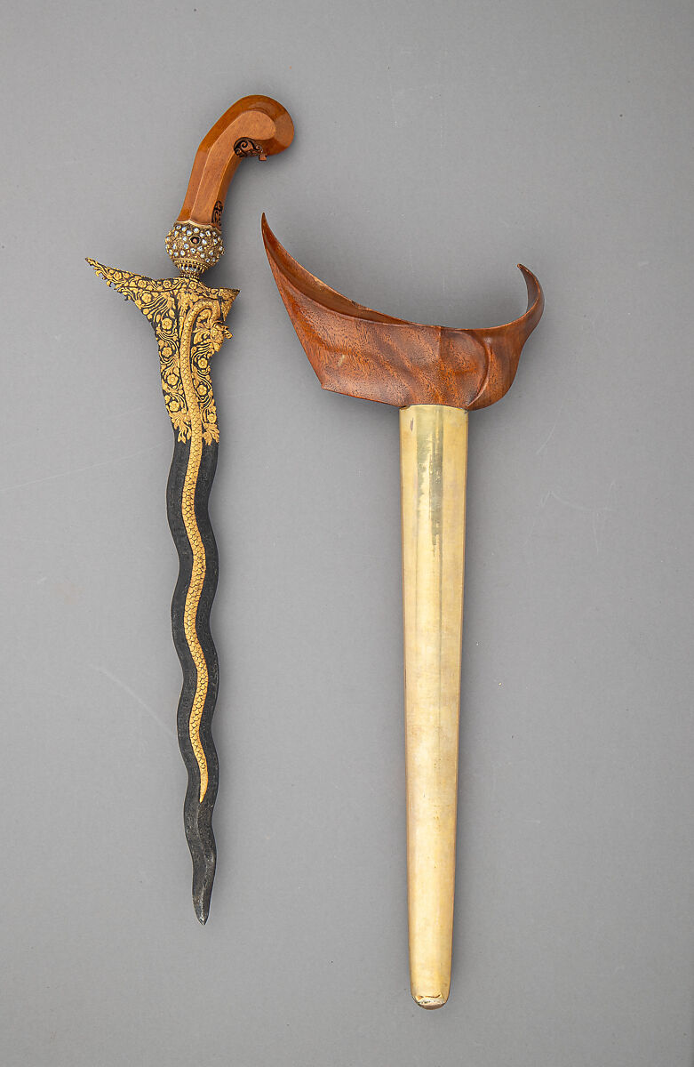 Kris with Sheath, Steel, wood, silver, gold, diamonds, Javanese