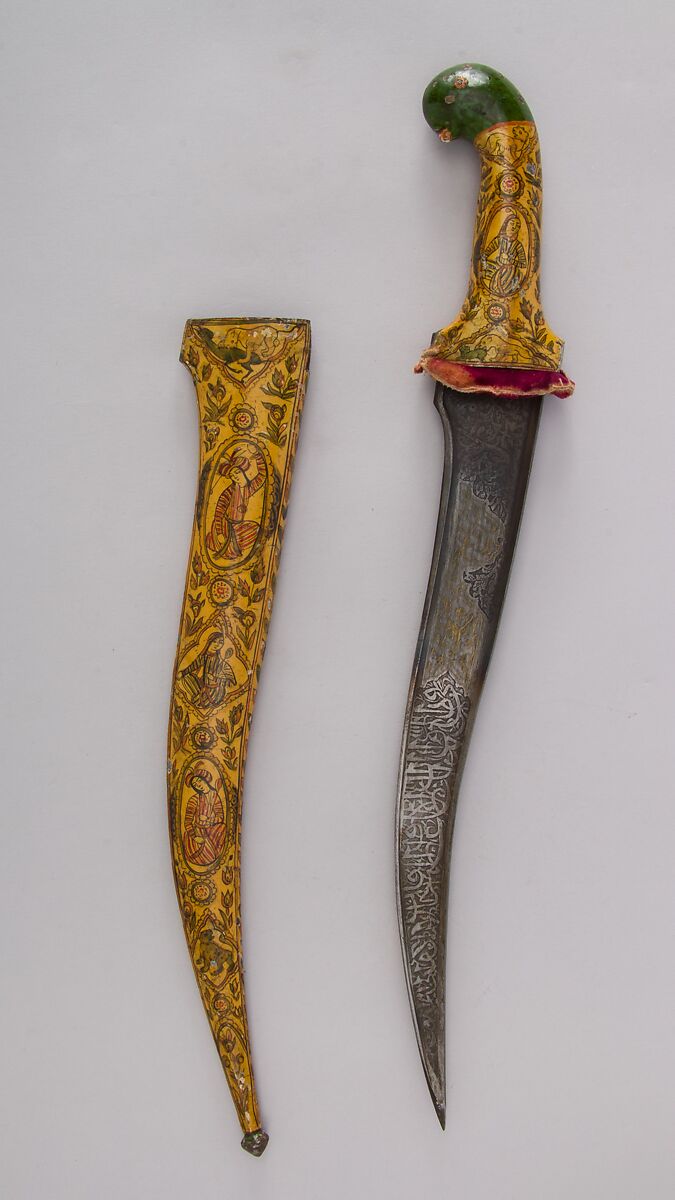 Dagger with Sheath, Iron, lacquer, velvet, Persian, Qajar 