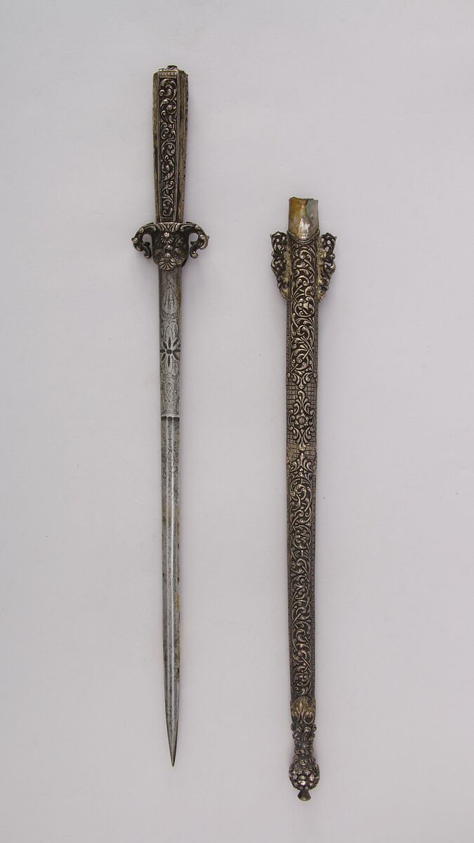 Dagger with Sheath, Steel, silver, gold, Persian 