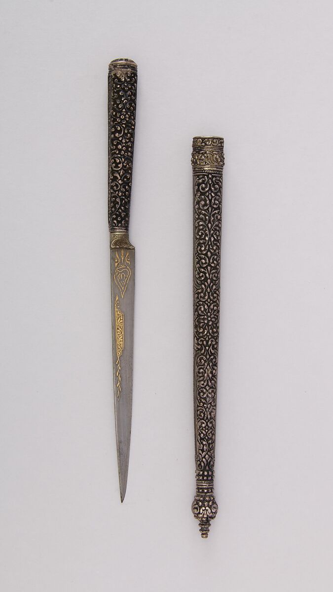 Dagger with Sheath, Steel, silver, gold, wood, Persian 