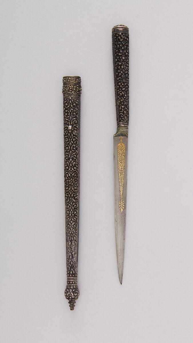 Dagger with Sheath, Steel, silver, gold, wood, Persian