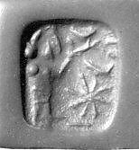 Stamp seal (octagonal pyramid) with cultic scene, Banded neutral Chalcedony (Quartz), Assyrian 
