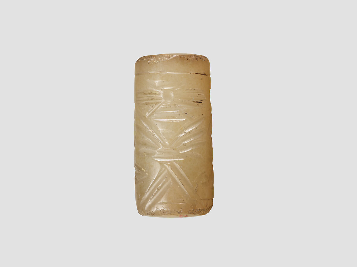 Cylinder seal with cultic scene, Flawed neutral Chalcedony (Quartz), Assyrian