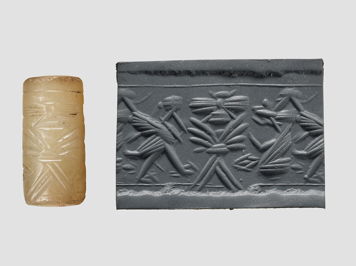 Cylinder seal with cultic scene, Flawed neutral Chalcedony (Quartz), Assyrian 