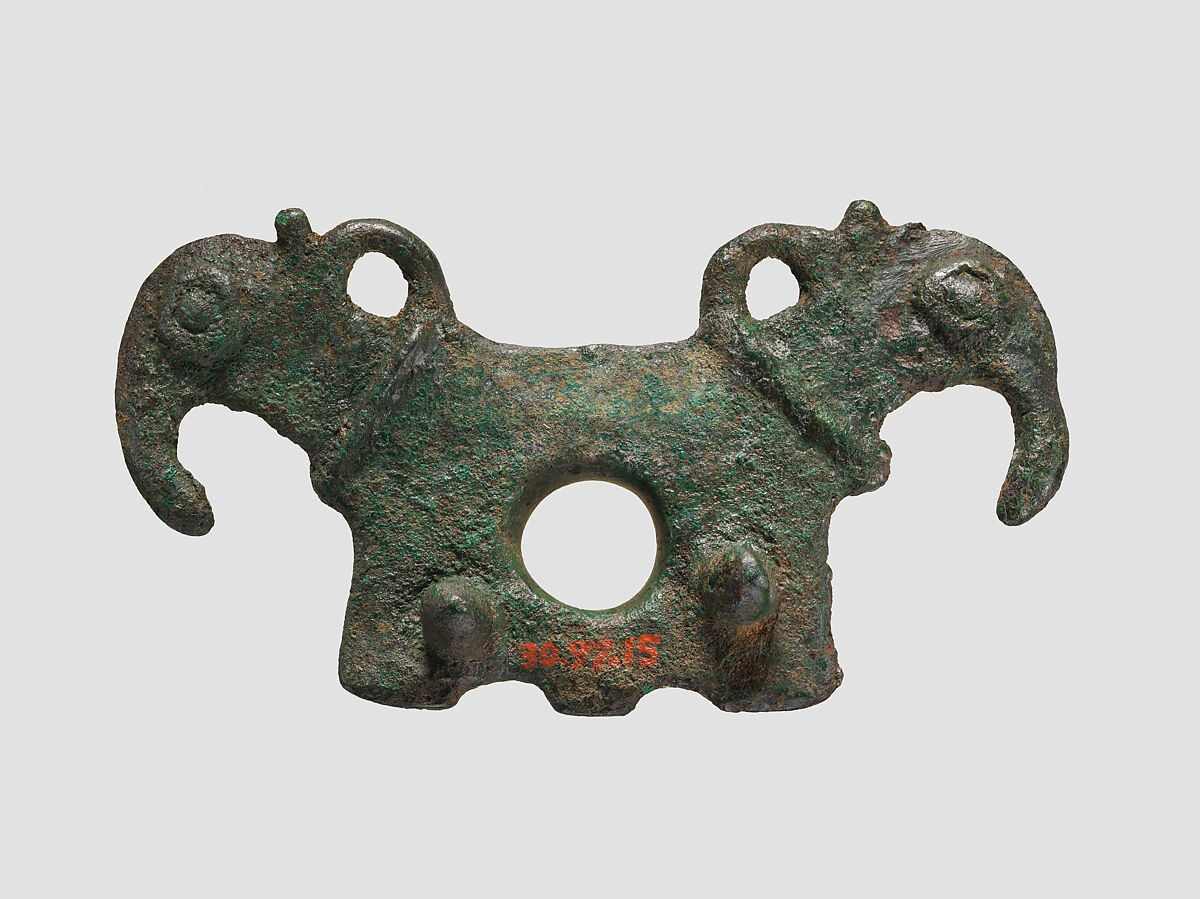 Horse bit cheekpiece in form of addorsed bird heads, Bronze, Iran
