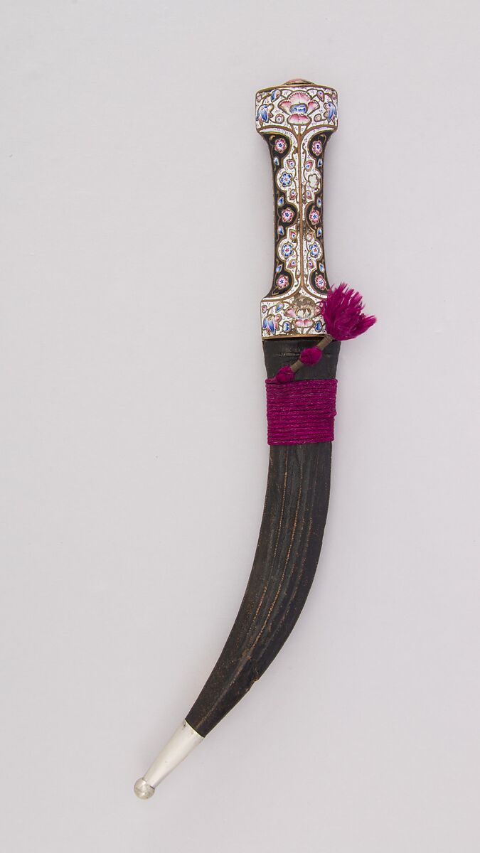 Dagger with Sheath, Steel, enamel, stone, leather, silver, textile, Iranian