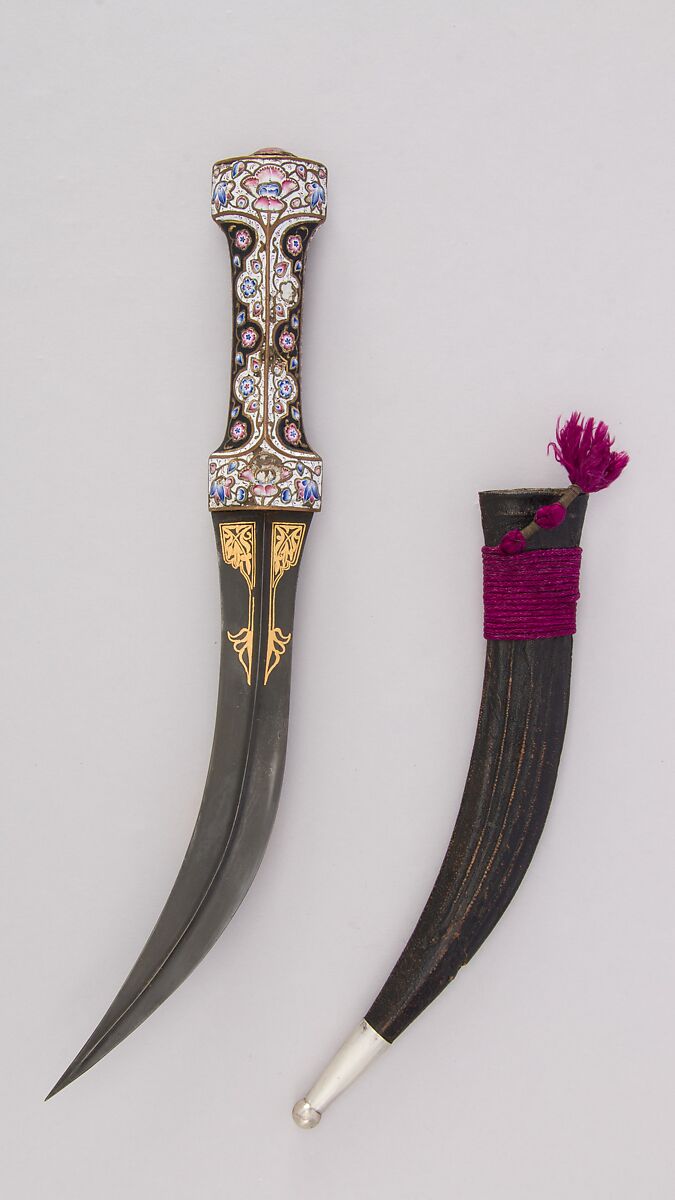 Dagger with Sheath, Steel, enamel, stone, leather, silver, textile, Iranian