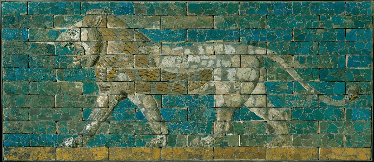 Panel with striding lion, Ceramic, glaze, Babylonian 