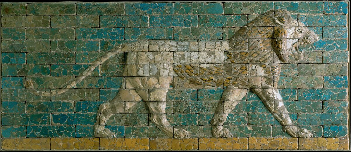 Panel with striding lion, Ceramic, glaze, Babylonian 