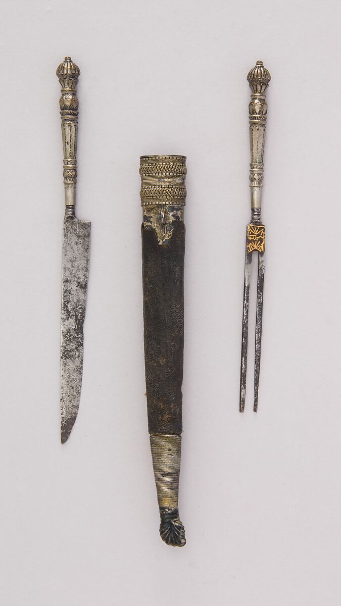 Knife and Fork with Sheath, Silver, leather, steel, Sri Lankan