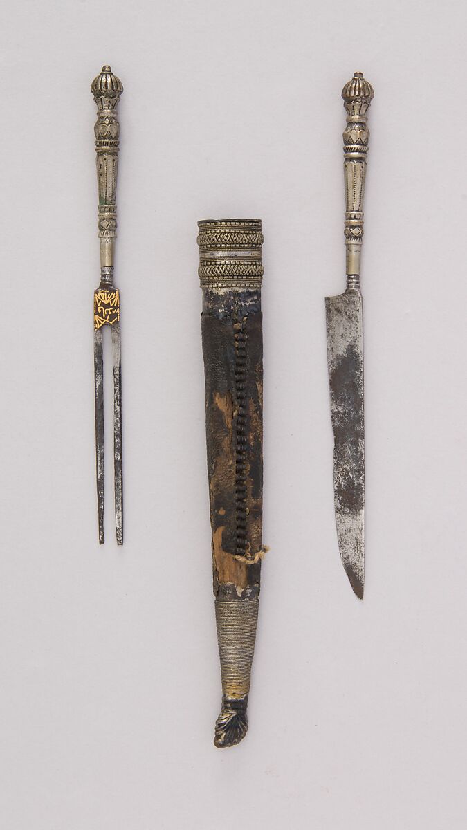 Knife and Fork with Sheath, Silver, leather, steel, Sri Lankan 