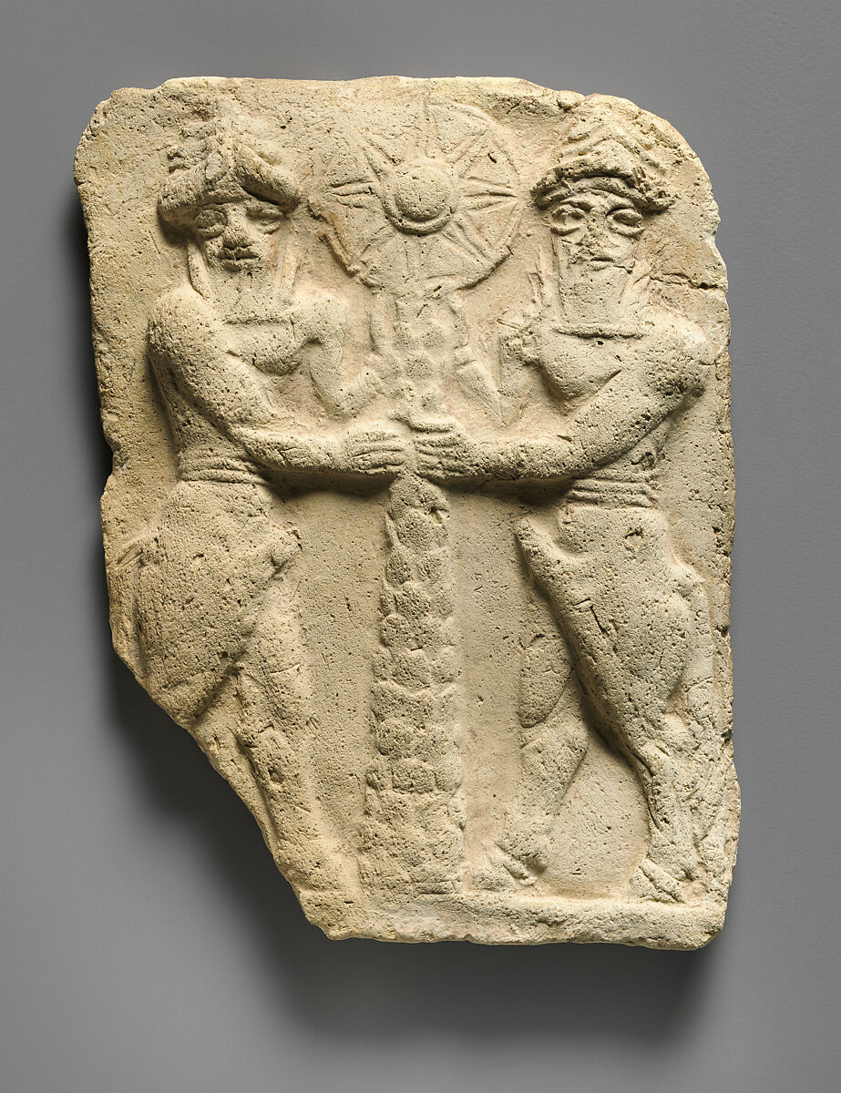 Molded plaque: bull-men flanking a tree trunk surmounted by a sun disc, Ceramic, Babylonian 