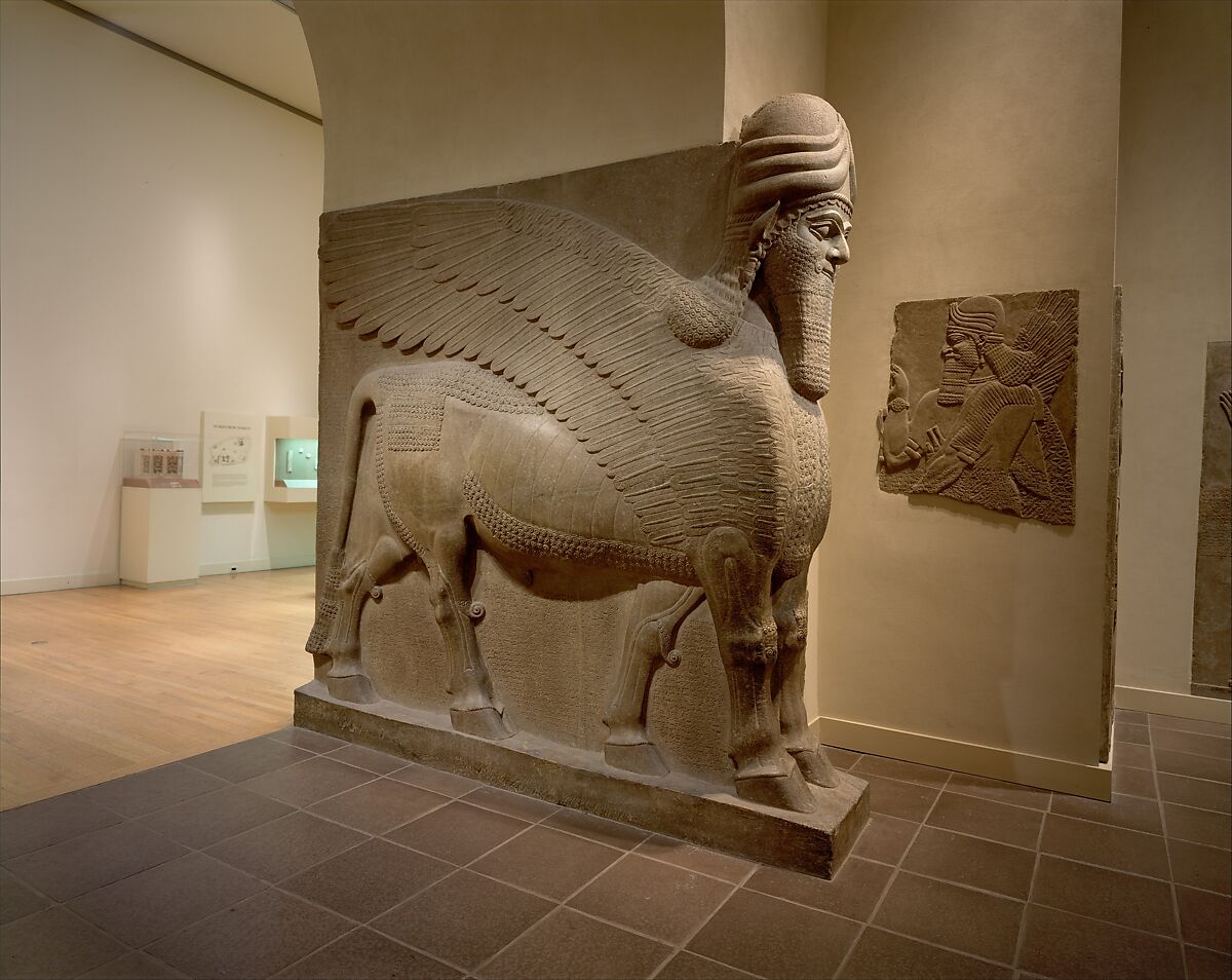 Human-headed winged bull (lamassu), Gypsum alabaster, Assyrian 