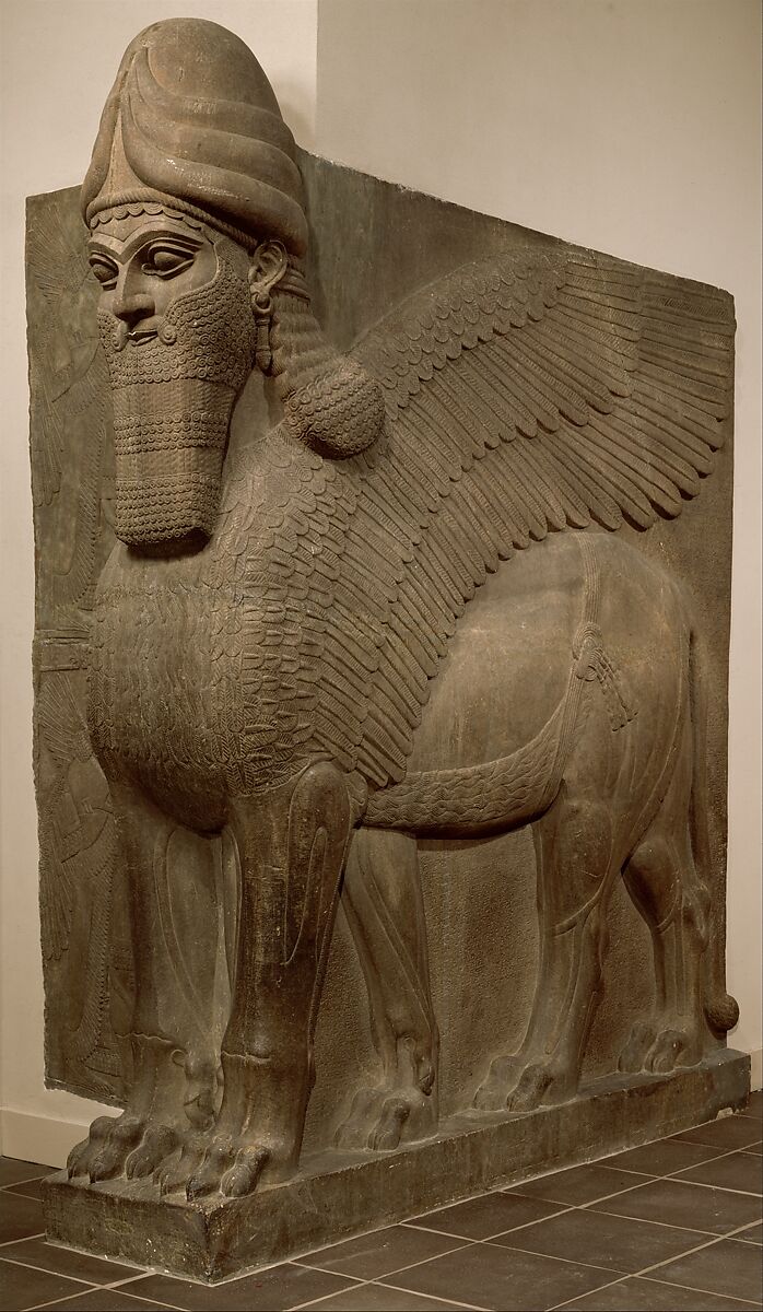 Human-headed winged lion (lamassu), Gypsum alabaster, Assyrian 