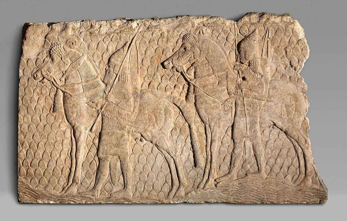 Relief fragment: cavalrymen along a stream in mountainous terrain, Gypsum alabaster, Assyrian