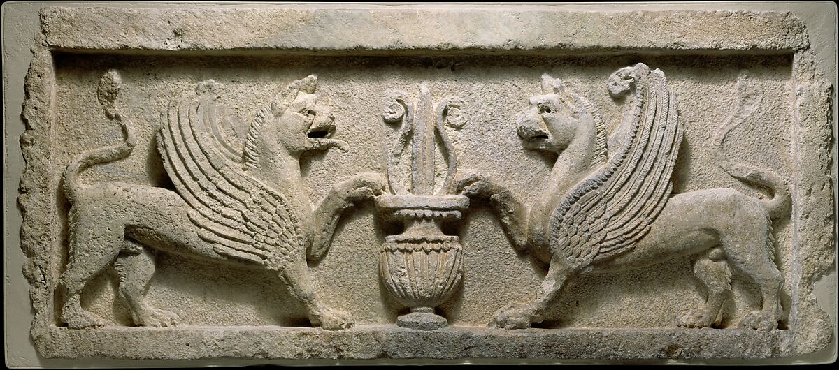 Door lintel with lion-griffins and vase with lotus leaf