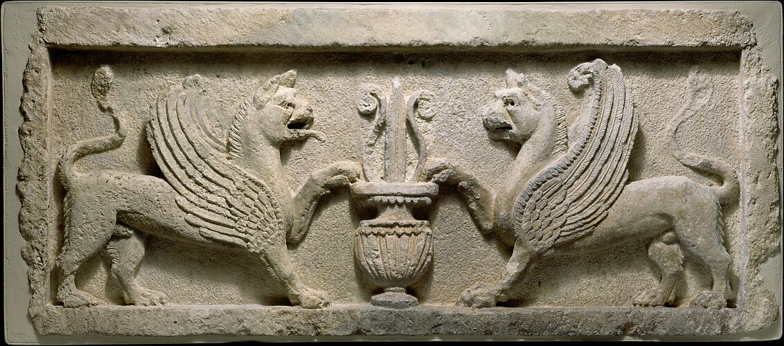 Door lintel with lion-griffins and vase with lotus leaf