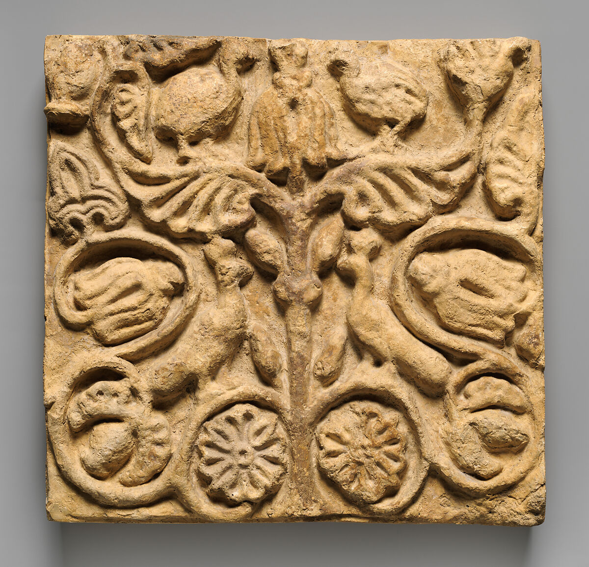 Wall decoration with birds and vegetal design, Stucco, Sasanian 