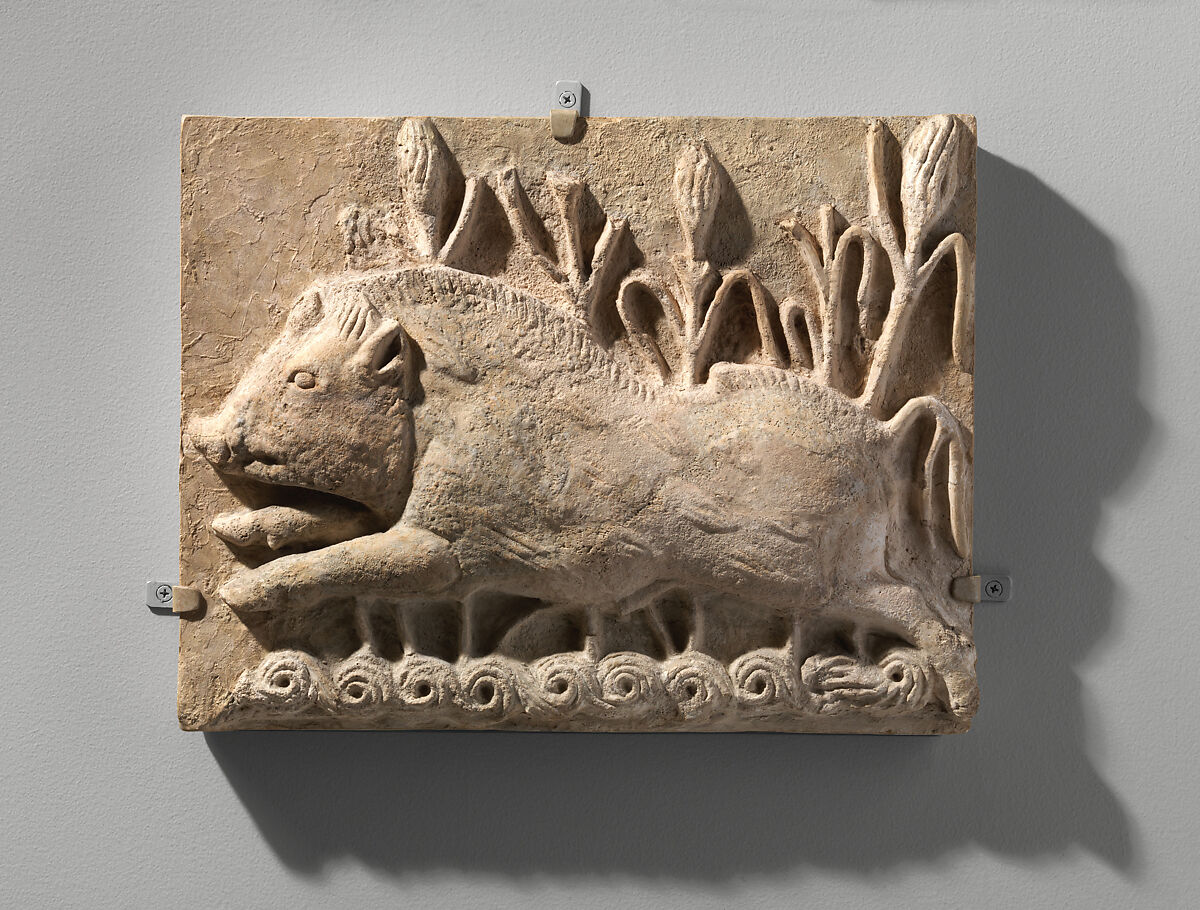 Wall panel with a charging boar, Stucco, Sasanian 