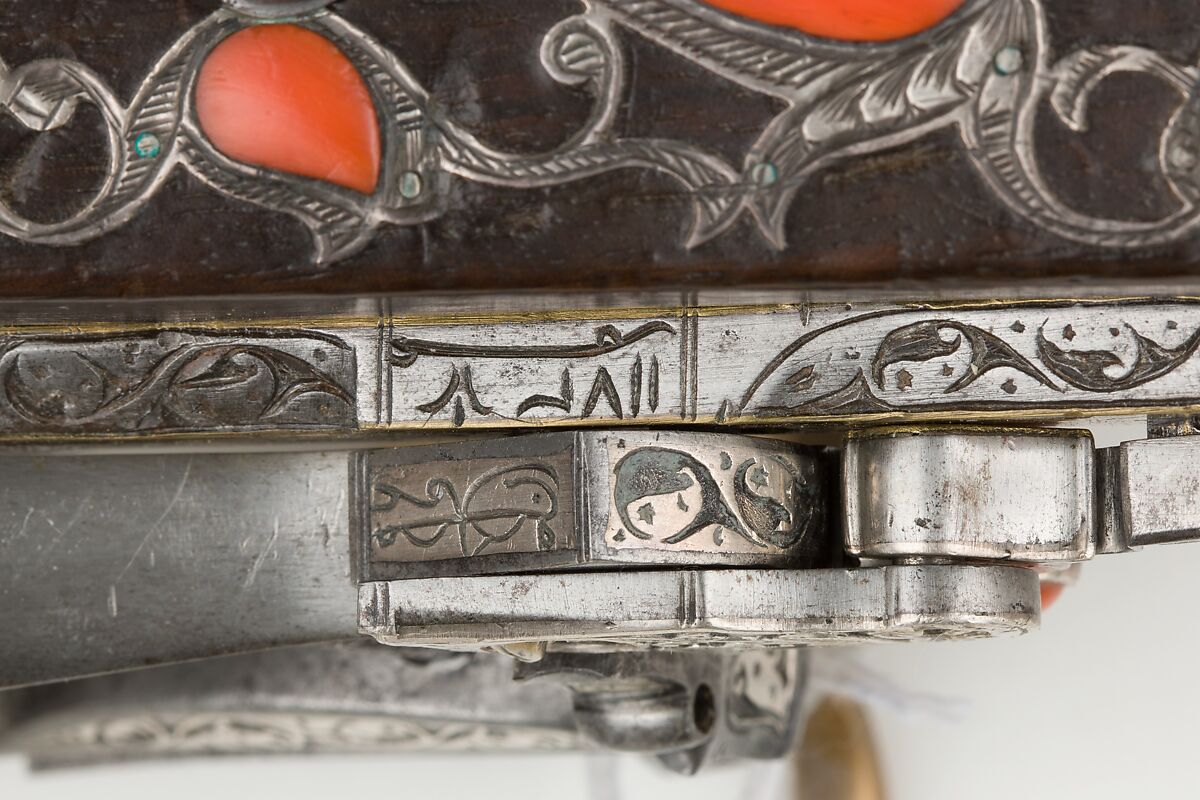Miquelet Gun, Steel, wood, coral, silver, copper alloy, gold, lock and stock, Algerian; barrel, European