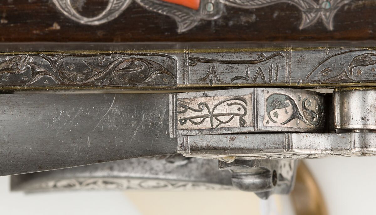 Miquelet Gun, Steel, wood, coral, silver, copper alloy, gold, lock and stock, Algerian; barrel, European