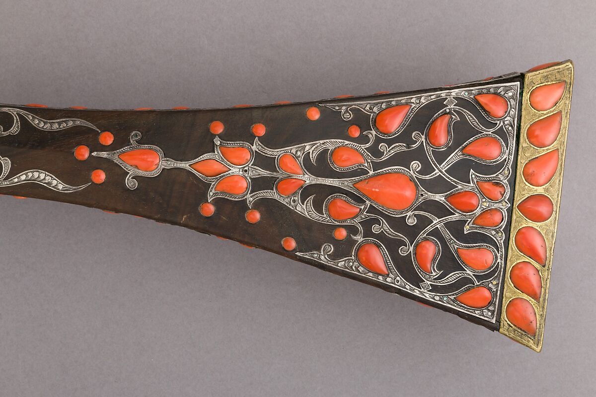 Miquelet Gun, Steel, wood, coral, silver, copper alloy, gold, lock and stock, Algerian; barrel, European
