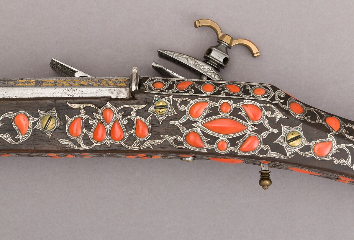 Miquelet Gun, Steel, wood, coral, silver, copper alloy, gold, lock and stock, Algerian; barrel, European