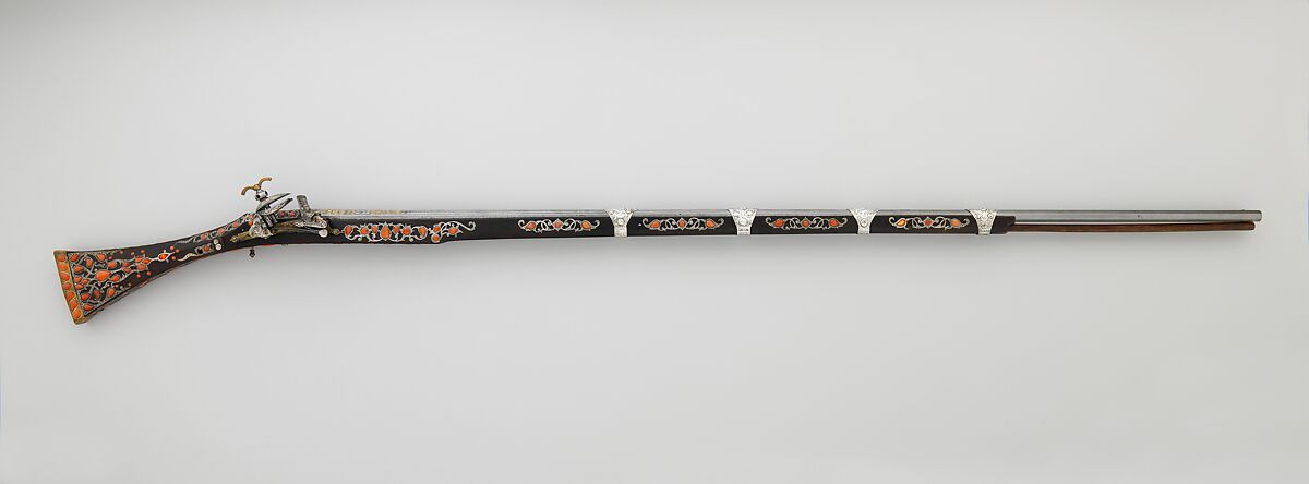 Miquelet Gun, Steel, wood, coral, silver, copper alloy, gold, lock and stock, Algerian; barrel, European 