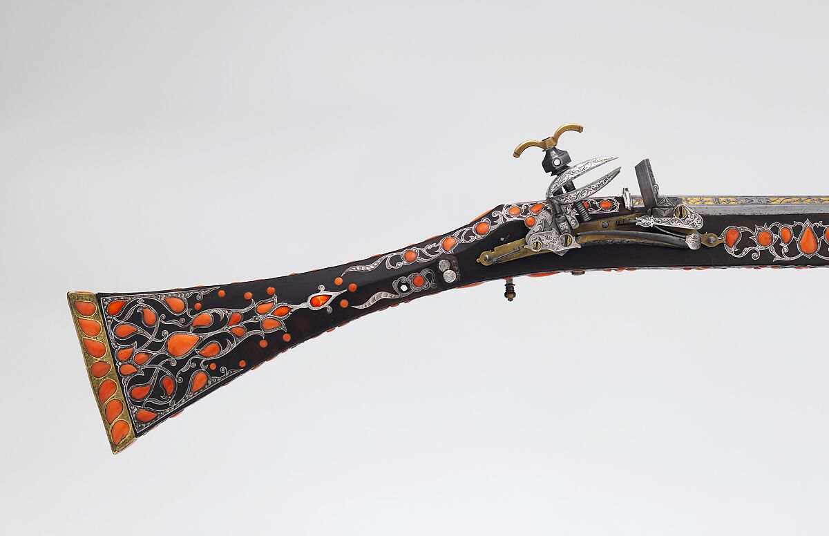 Miquelet Gun, Steel, wood, coral, silver, copper alloy, gold, lock and stock, Algerian; barrel, European