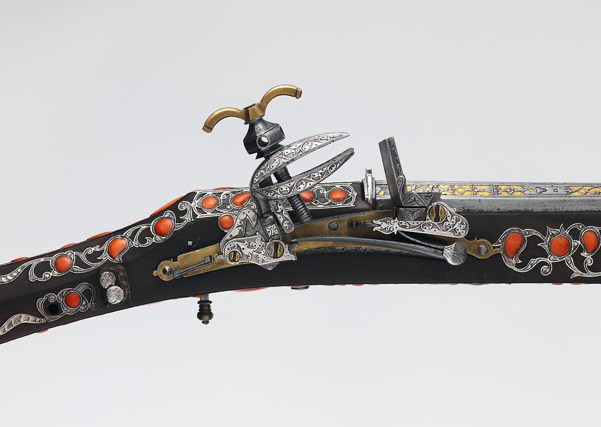 Miquelet Gun, Steel, wood, coral, silver, copper alloy, gold, lock and stock, Algerian; barrel, European