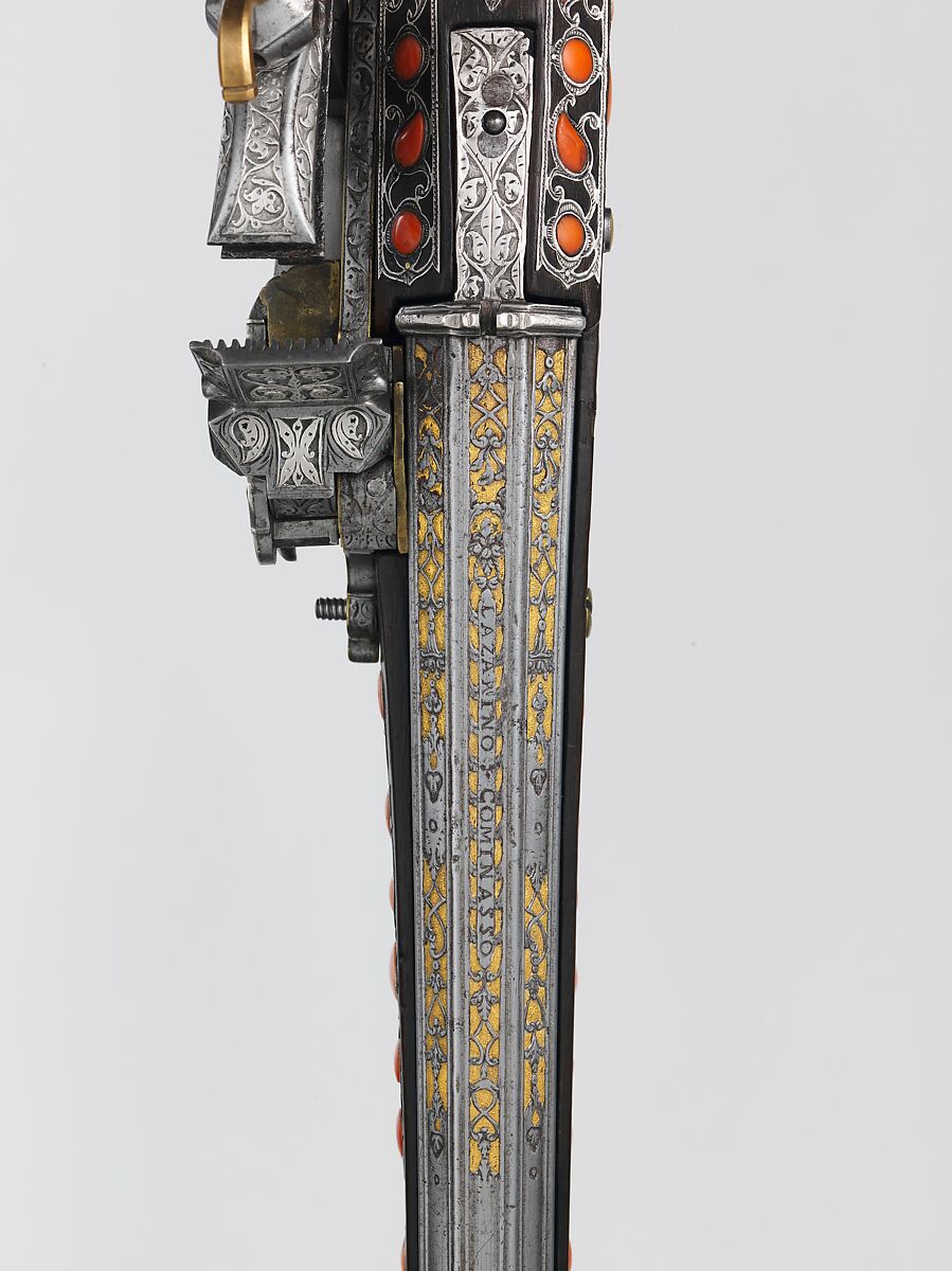 Miquelet Gun, Steel, wood, coral, silver, copper alloy, gold, lock and stock, Algerian; barrel, European