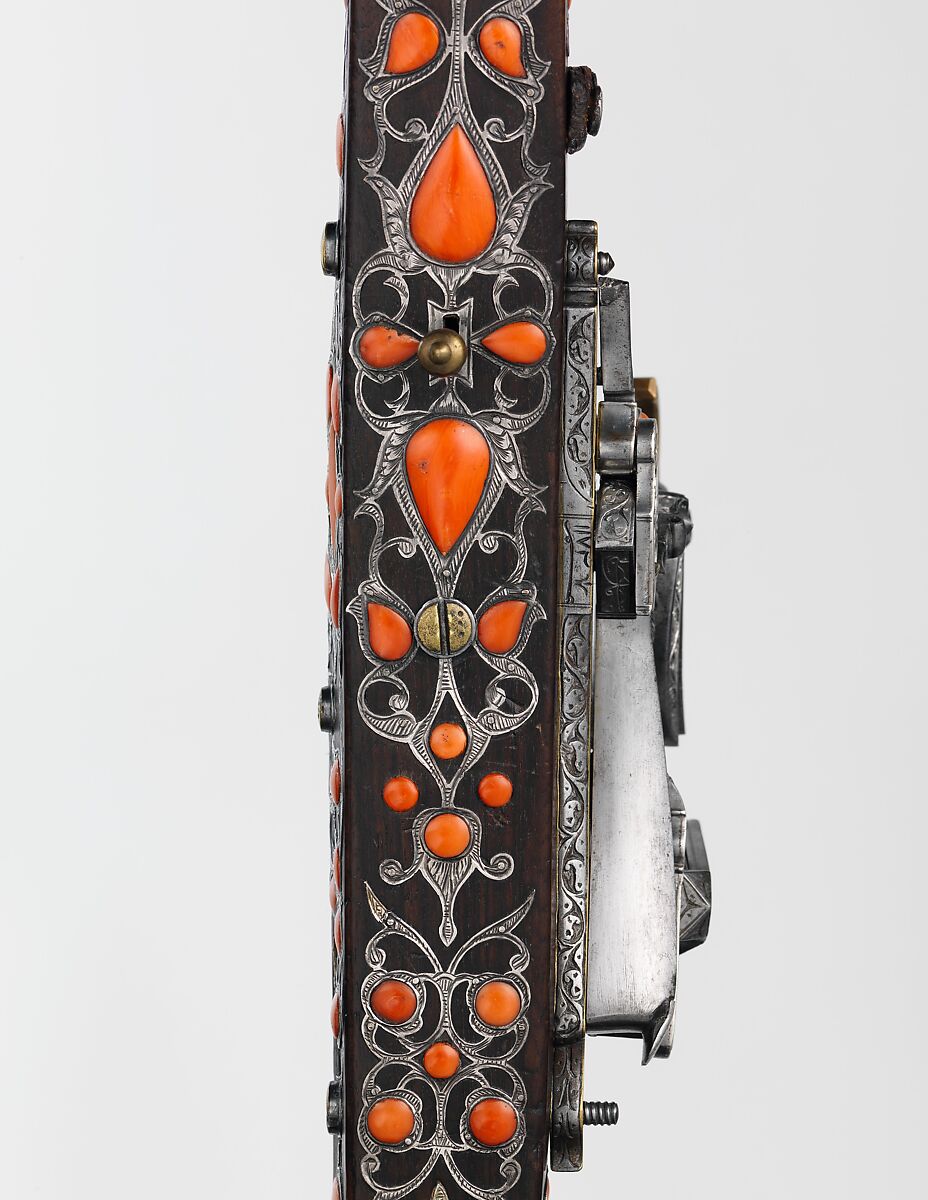 Miquelet Gun, Steel, wood, coral, silver, copper alloy, gold, lock and stock, Algerian; barrel, European