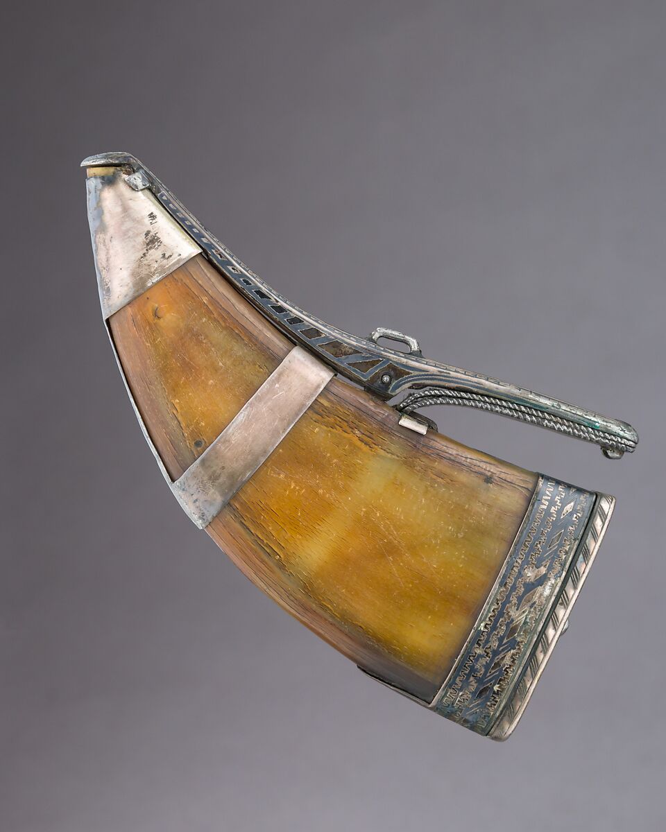 Powder Horn, Steel, silver, horn, Caucasian