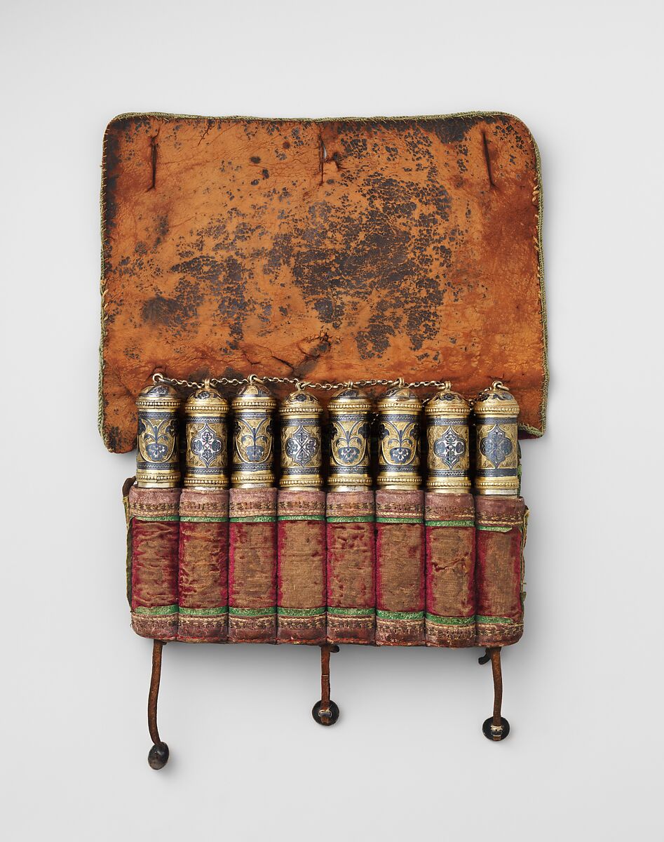 Powder Charge Container, Ivory, leather, textile, silver, niello, Caucasian