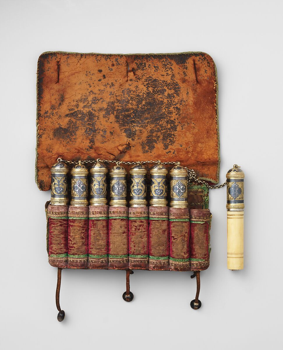 Powder Charge Container, Ivory, leather, textile, silver, niello, Caucasian