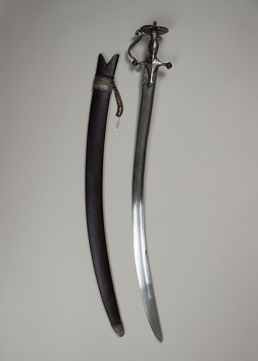 Sword (Talwar) with Scabbard, Steel, silver, leather, Indian 